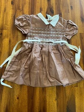 Vtg Honeysuckle Toddler Brown Smocked Dress W/Collar Sz 2 #8781 MCM 60s